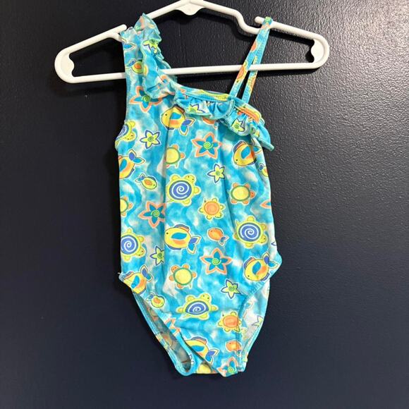 Vintage 90s One Piece Swimsuit Vibrant Neon Ruffle with Turtles Fish 12-18M - Picture 1 of 4